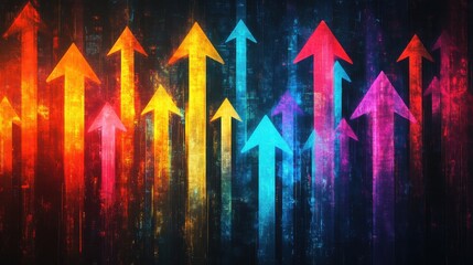 Vibrant, colorful arrows point upward on a dark textured background, symbolizing growth, progress, and dynamic movement.
