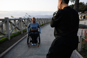 Two Friends Bonding Outdoors with a Scenic Backdrop