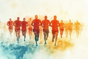 A group of runners in silhouette participates in a race, depicted in a colorful watercolor style.