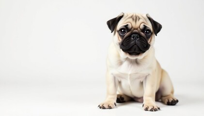 Adorable pug dog sits against white background, wrinkles, studio