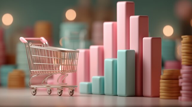 Shopping cart with colorful graphs and coins, symbolizing commerce and finance. Global economic trends economic indicators concept.