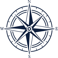 Classic compass rose digital illustration in navy blue. Navigation symbol with cardinal directions N, E, S, W. Monochromatic compass design for maps and travel.