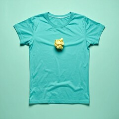 やわらかなシワ感を持つターコイズブルーのTシャツが、ライトグリーンの背景に中央に配置され、色鮮やかでありながら落ち着いた雰囲気を持つシンプルなデザインシーン

