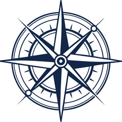 Intricate navy blue compass rose with geometric patterns. Eight-pointed directional symbol for exploration. Detailed navigation design with concentric rings.
