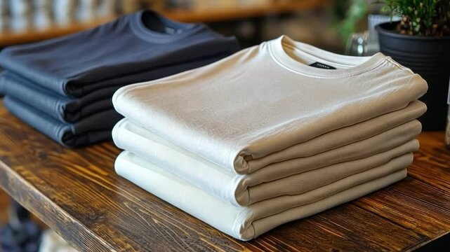 Soft cotton t shirts stacked on wooden table, showcasing minimalist style in neutral colors for casual clothing.