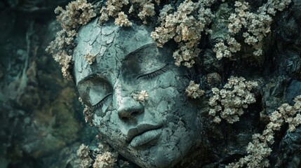 Stone face, floral crown, nature background, serene art, website banner