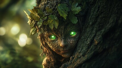 Obraz premium A portrait shot of a mischievous forest imp with glowing green eyes and a leafy crown, AI Generative.
