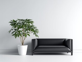Sleek black couch contrasts sharply against a glossy white wall, a vibrant green plant in a minimalist white pot adding a touch of nature - monochrome house vibrant potted