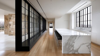 Sleek minimalist kitchen seamlessly flows into a sun-drenched dining area with large windows - divider home upscale