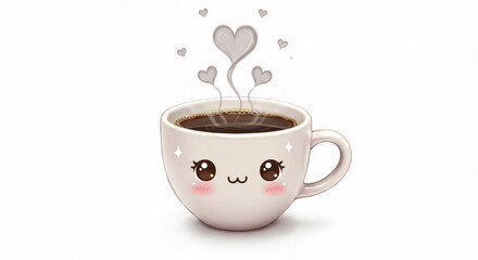 Cute Coffee Cup Illustration with Heart Shaped Steam on White Background