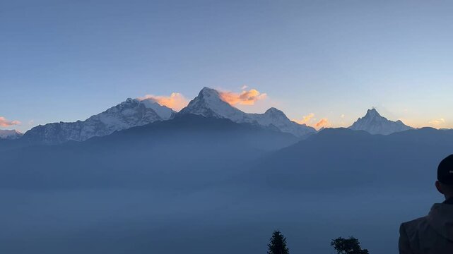 Snowcapped Mountain Top, Beautiful Dramatic Snowy Snow Covered Winter Mountains Landscape Scenery from Poon Hill Viewpoint