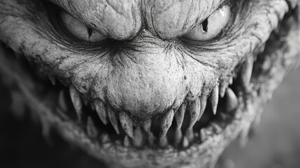 Close-up of a menacing, grotesque monster face.