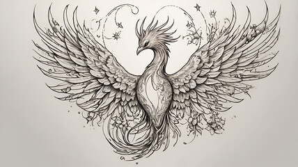 "Symbolic Phoenix Tattoo Design with Soaring Wings, Micro Elements of Flowers, Stars, and Streaks, Line Art Style"
