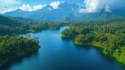 Fototapeta premium Lush lake nestled in a verdant valley, mountain backdrop