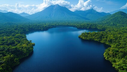 Naklejka premium Lush lake nestled in a dense rainforest valley, with a volcanic mountain range in the background
