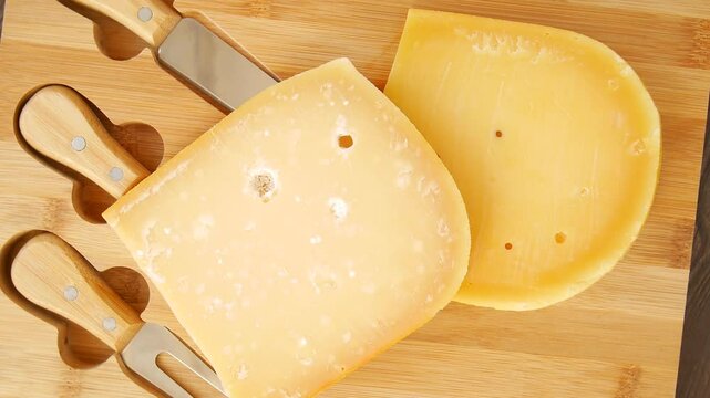 Cheese portions arranged on rustic wooden cutting board, featuring serving utensils and showcasing gourmet dairy delicacy with professional food styling.