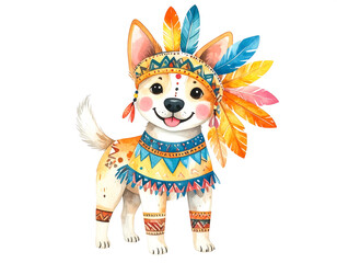 Obraz premium A cute cartoon dog wearing a colorful tribal costume, standing and smiling. The costume includes feathers, geometric patterns, and natural fabrics. 