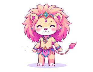 A proud cartoon lion wearing a majestic tribal costume with bold patterns and symbolic accessories. The lion has a decorated mane and stands with confidence. 