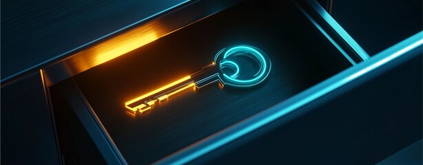 Unlock the secrets: A captivating composition showcases a luminous key resting in an open drawer, its radiant glow hinting at hidden knowledge and opportunity.