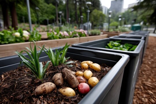 A close-up view of a thriving vegetable garden featuring fresh potatoes and vibrant greens, emphasizing sustainable gardening practices in an urban environment. - Powered by Adobe