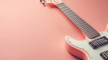 Obraz premium Close-up of a pink electric guitar with a sleek design, detailed fretboard, and white pickguard, set against a solid pastel pink background for music and instrument themes