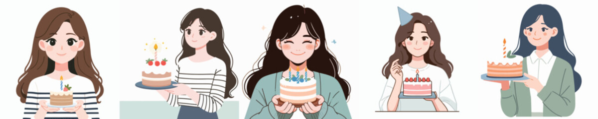 Set Vector of smiling young woman holding birthday cake