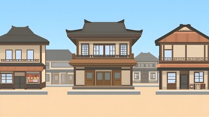 Asian Village Street Scene, Traditional Houses, Shops, and Architecture