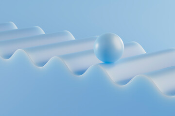 Glossy Blue Ball Balancing on a Wavy Ribbon
