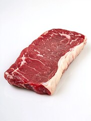 Fresh Raw Steak: A mouthwatering, high-angle perspective showcases a raw steak, highlighting its marbling and rich red hue, presented for culinary inspiration. 