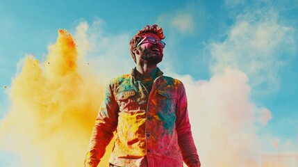 Fototapeta premium Vibrant Color Festival Celebrant Celebrating with Bright Powder Paints in the Air Du Color Run or Holi Celebration with Sunny Sky Background