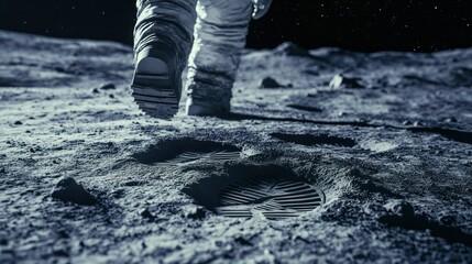 Astronaut's Footsteps on the Moon Surface with Deep Craters and Lunar Dust Under a Starry Night Sky in a High-Resolution Space Exploration Scene