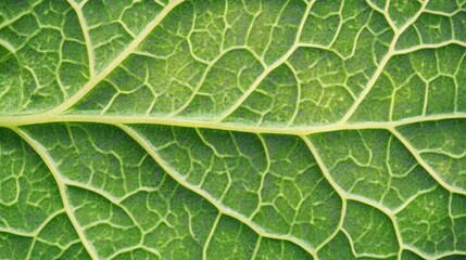 Close-up view of a vibrant green leaf showing detailed texture, prominent veins, intricate pattern, natural surface, and healthy foliage for botanical and nature themes