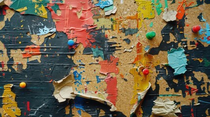 Naklejka premium Pinned sticky note with a torn paper label, grunge tape, and colorful pushpin secured to a modern office corkboard