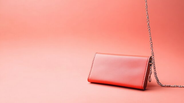 Elegant coral-colored clutch purse with chain strap lying on pastel pink gradient background perfect for fashion accessories accessories and stylish events