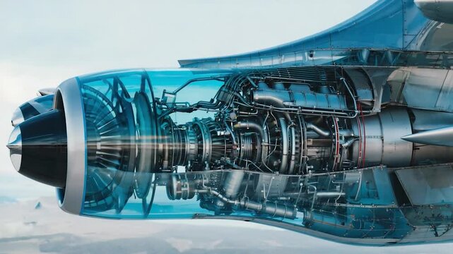 Close-up of a jet engine showcasing intricate mechanics and design