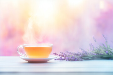 薄紫色のラベンダーの花束と、透明なカップから立ち上る湯気が、穏やかで心地よいアロマテラピーの空間を演出するイメージ