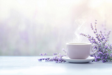 薄紫色のラベンダーの花束と、カップから立ち上る湯気が、穏やかで心地よいアロマテラピーの空間を演出するイメージ