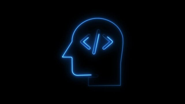 Abstract blue neon outline of a head with code brackets symbol on black background