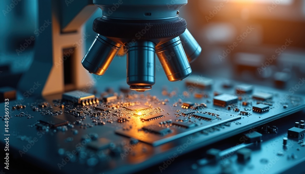 Poster microscope inspecting circuit board with tiny electronic components. technology lab with precision l