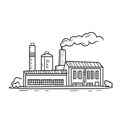 Fototapeta premium Factory outline drawing with smoke and tanks in a simple style 