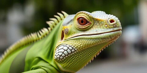 Obraz premium a green iguana, showcasing its detailed features. The iguana's skin is a vibrant green with patches of darker green and brown, providing a textured appearance