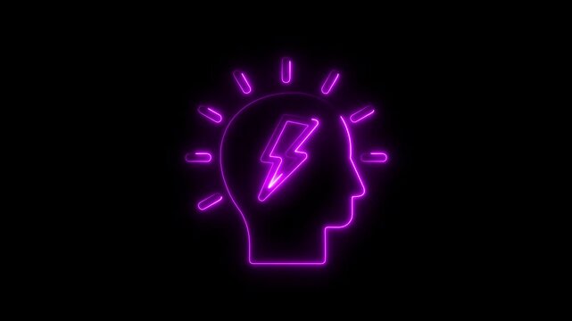 Glowing neon head silhouette with a lightning bolt symbol for ideas and innovation