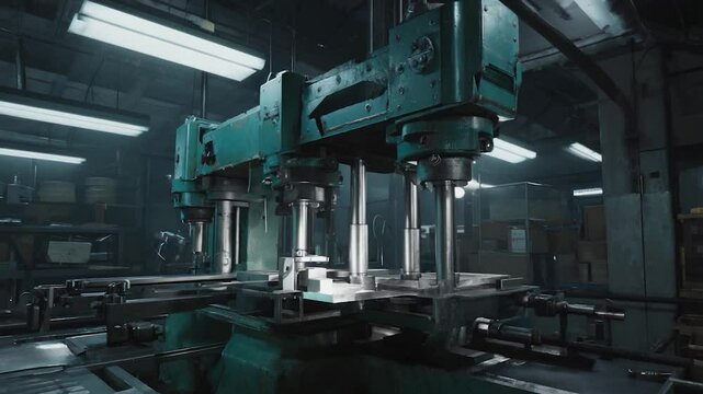 Industrial machinery operating in a dimly lit factory setting