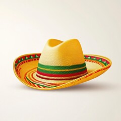 Vibrant yellow sombrero with green and red stripes, a vector illustration on a light background for Mexican culture design or party elements. Detailed, high-resolution, professional photograph. 