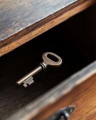 Hidden Key: A close-up shot captures a vintage key resting inside a wooden drawer, creating a sense of mystery and anticipation, hinting at secrets yet to be uncovered.