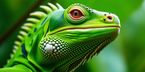 Obraz premium a green iguana, showcasing its detailed features. The iguana's skin is a vibrant green with patches of darker green and brown, providing a textured appearance