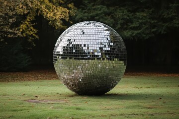 mirrored disco orb covered in many small reflective tiles, party scene