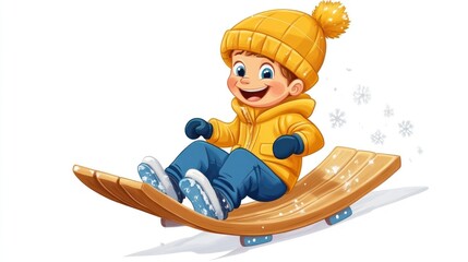Joyful Child Sledding Down a Snowy Hill, Winter Fun