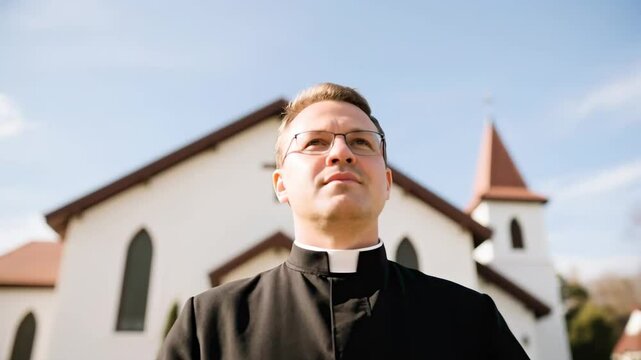 Clergyman stands before white church exterior