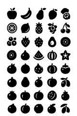 Fototapeta premium Fruit Collection Icons.fruit, apple, banana, pear, mango, orange, lemon, pineapple, grapes, cherry, blueberry, strawberry, raspberry, avocado, kiwi, fig, watermelon, pumpkin, starfruit, pomegranate, p